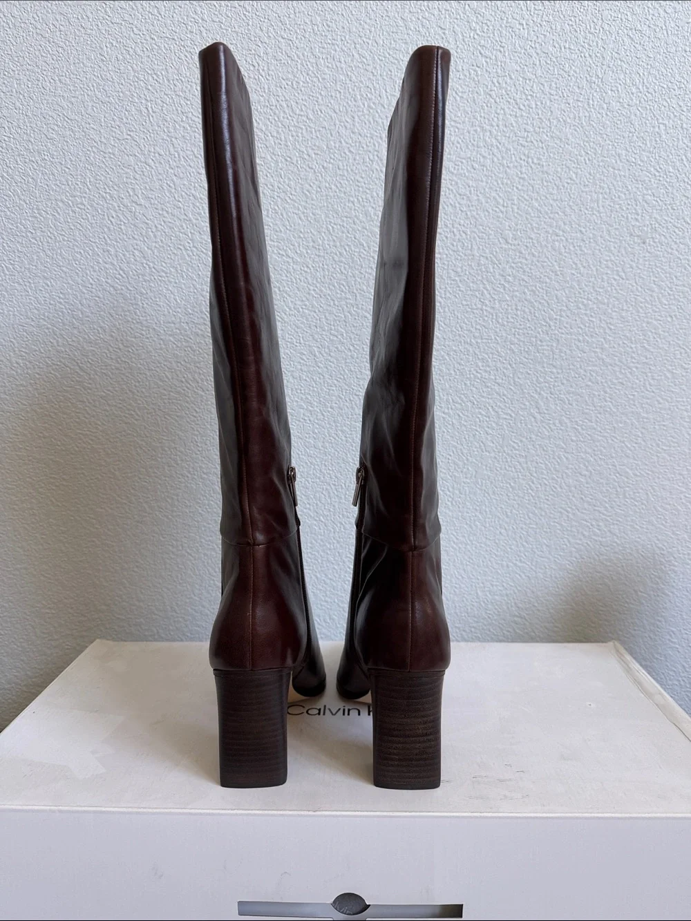 Calvin Klein Dawna Dark Brown Leather Over-the-Knee Boots NIB